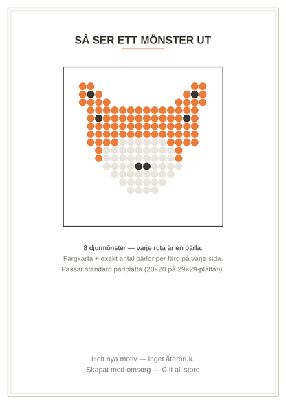 Pärlplattor Djur vol. 1 — 8 djurmönster 20×20 med färgkarta & antal pärlor (printbar PDF)