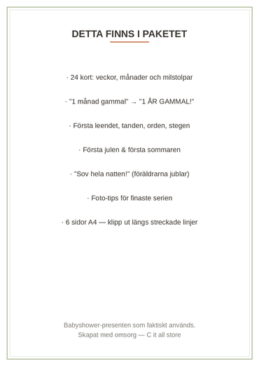 Milestone-kort bebis — 24 fotokort för bebisens första år (printbar PDF)