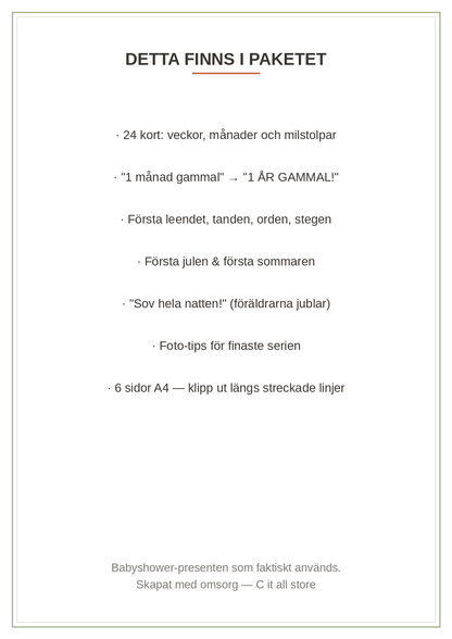 Milestone-kort bebis — 24 fotokort för bebisens första år (printbar PDF)