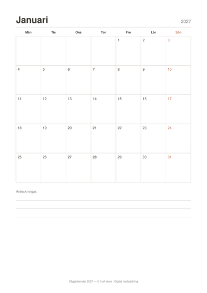 Väggkalender 2027 — en månad per sida (printbar PDF)