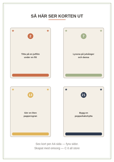 Adventskalender aktivitetskort — 24 julmys-kort att skriva ut (PDF)