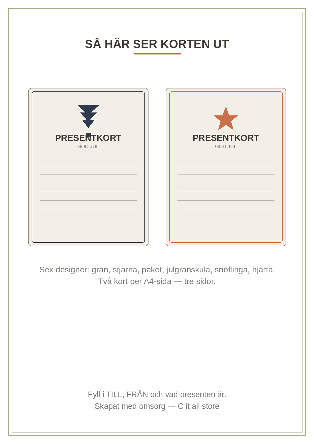 Presentkort-mallar jul — 6 printbara designer att fylla i (PDF)