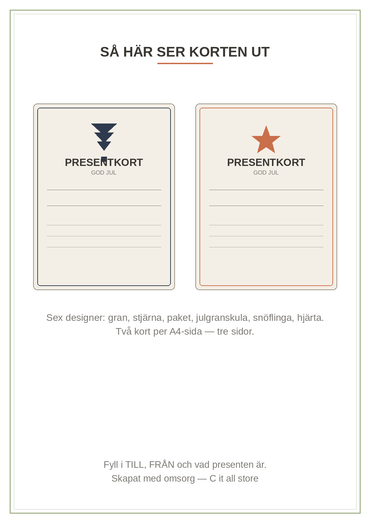 Presentkort-mallar jul — 6 printbara designer att fylla i (PDF)