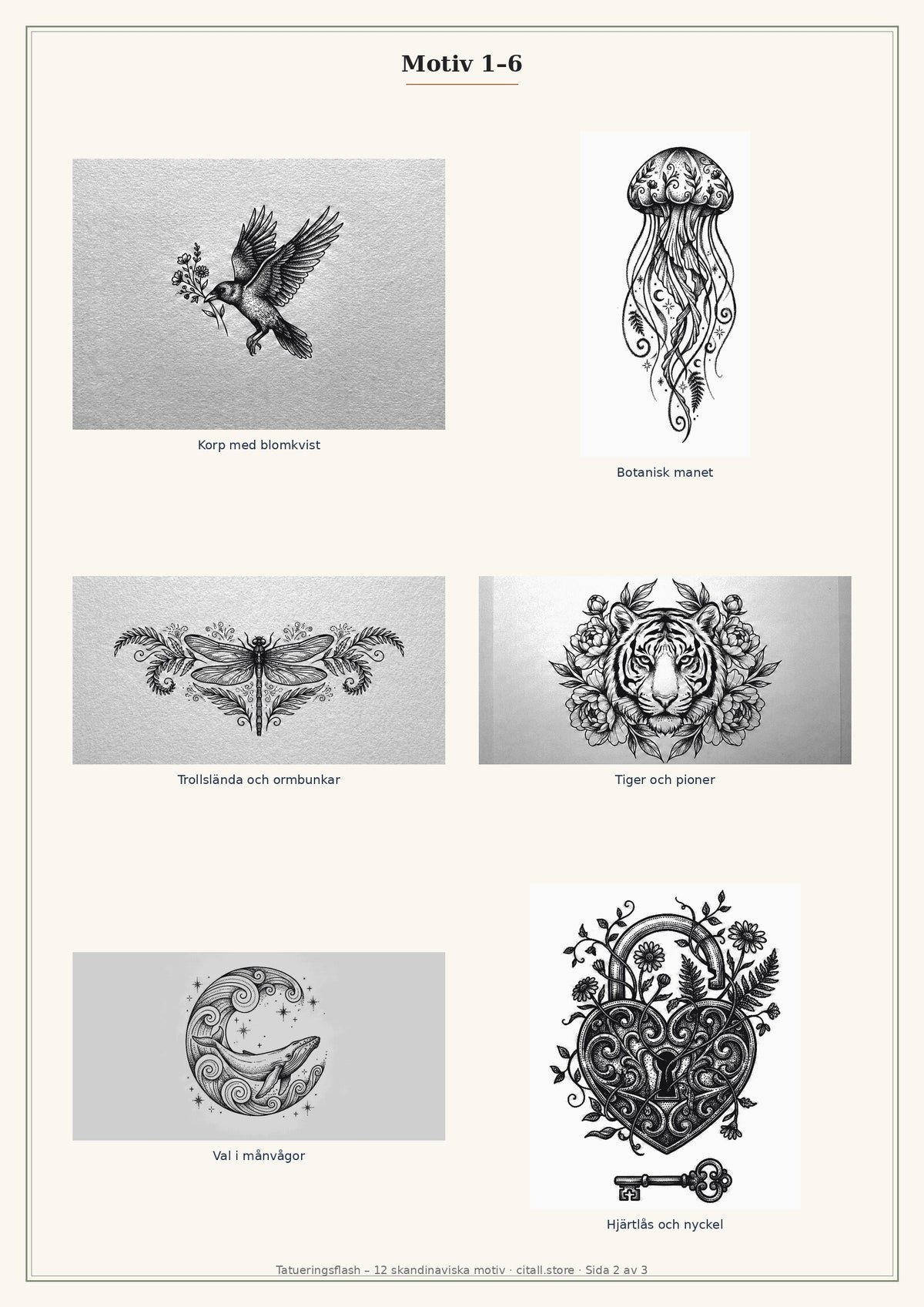 Tatueringsflash – 12 skandinaviska motiv i fineline & dotwork (transparenta PNG + printbart referensark)