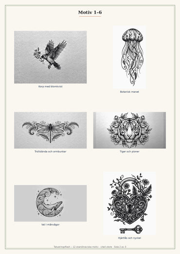 Tatueringsflash – 12 skandinaviska motiv i fineline & dotwork (transparenta PNG + printbart referensark)