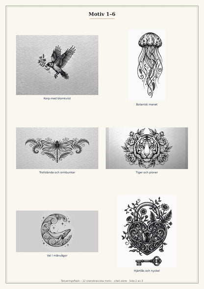 Tatueringsflash – 12 skandinaviska motiv i fineline & dotwork (transparenta PNG + printbart referensark)