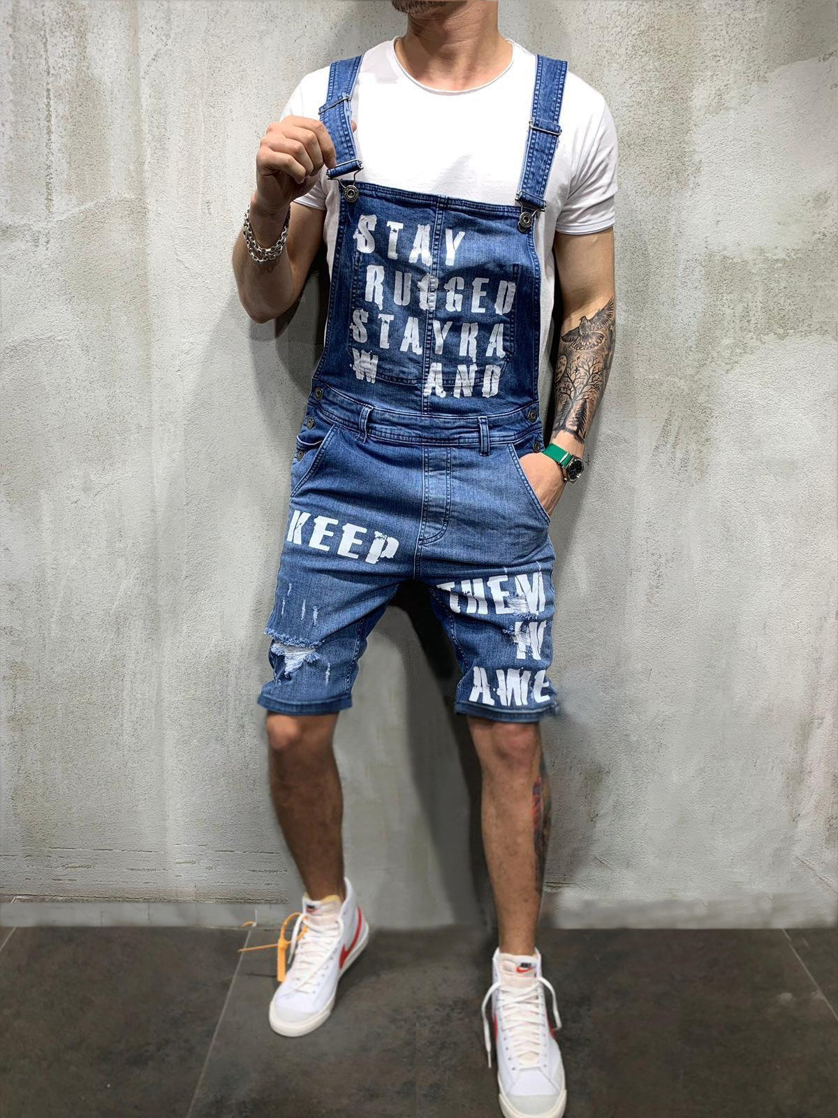 Men's braces ripped jeans jumpsuit men pants