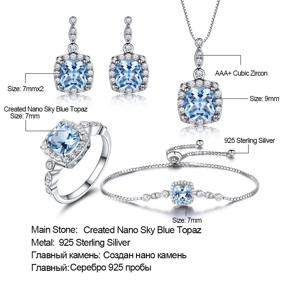 925 Sterling Silver Necklace Sky Blue Topaz Four-Piece Set - Elegant Jewelry Collection