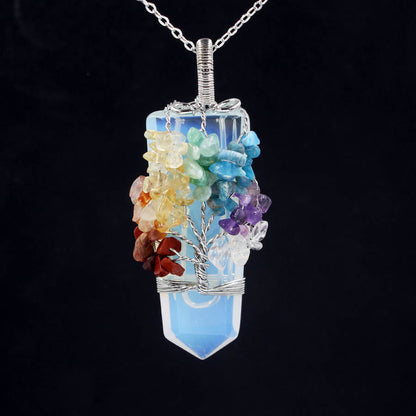 Collier pendentif à remontage arbre de vie colonne de cristal