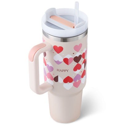 Tasse thermique de cadeau de saint valentin tasse d'isolation de café de paille de 40oz avec la poignée bouteille d'eau portative d'acier inoxydable de voiture tasse thermique sans BPA de voyage de grande capacité