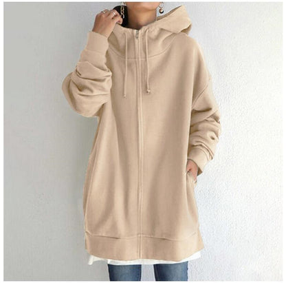 Oversized S-5XL Women Loose Hooded Coats Autumn Female Tie Collar Long Sleeve Zipper Up Add Velvet Long Sweatshirt