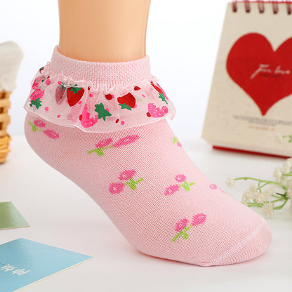 Strawberry Socks Girls Lace Socks Cotton  Children