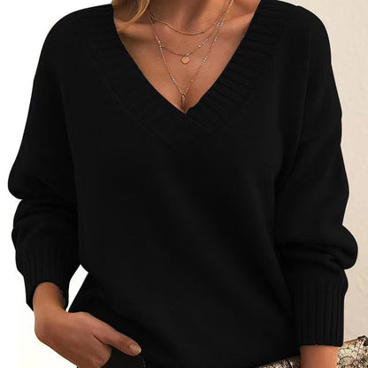 Solid V-neck Sweater Fashion Loose Long-sleeved Knitted Tops Autumn And Winter Women's Clothing