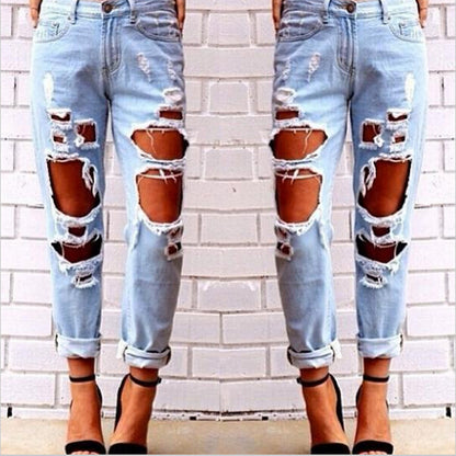 Aliexpress explosion Europe Code loose wild sexy big hole beggar exaggerated boyfriend jeans