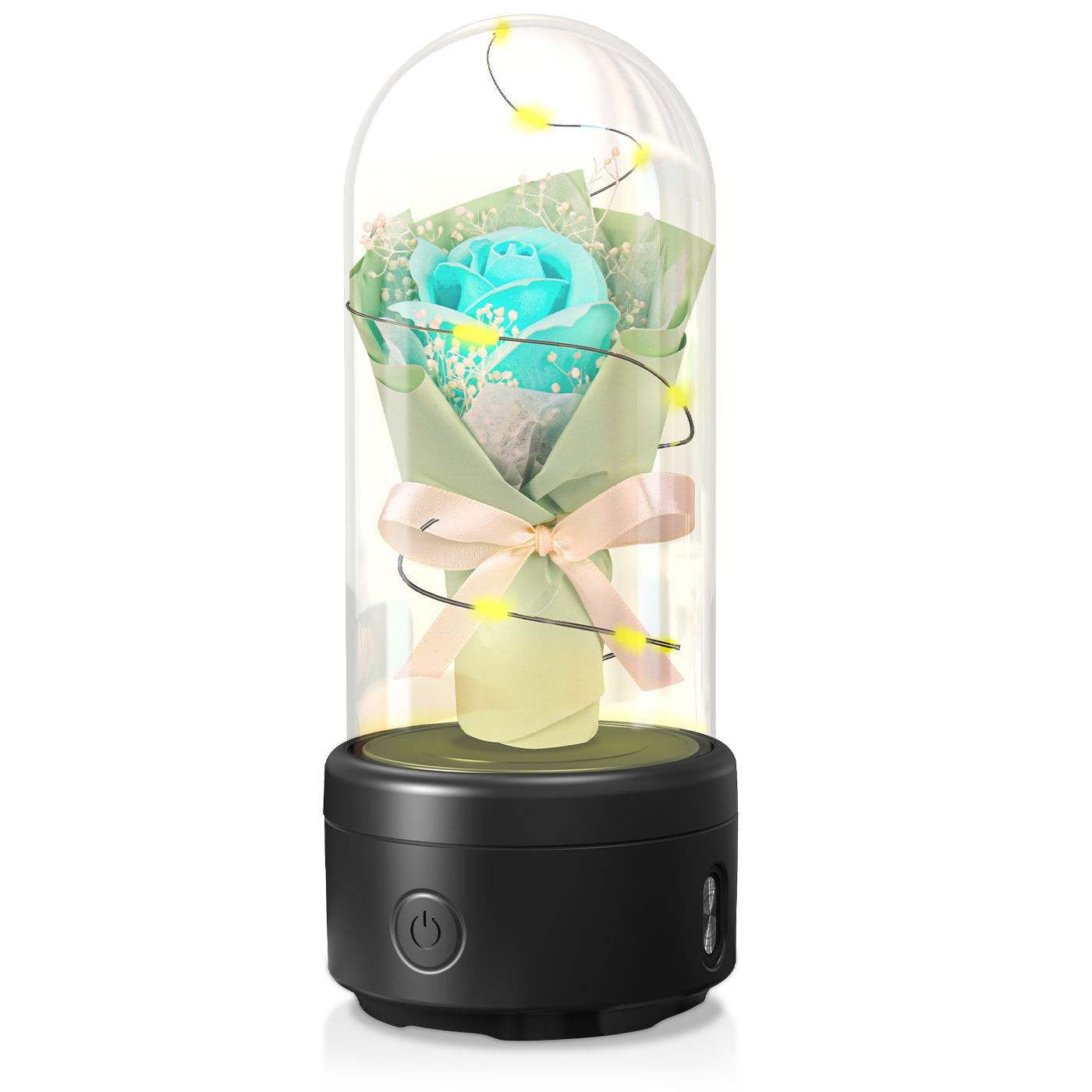 Bouquet créatif 2 en 1 avec lumière LED et haut-parleur Bluetooth, cadeau de fête des mères, veilleuse lumineuse Rose, ornement dans un couvercle en verre