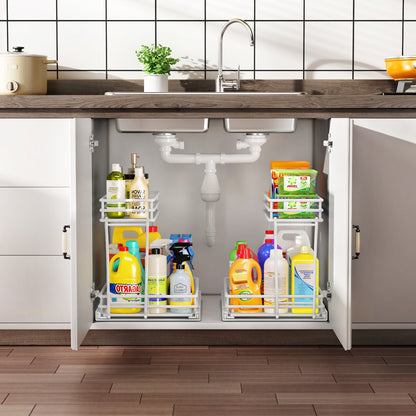 2-pack, utdragbar metallskåporganisatör, kök och badrumsorganisatör och förvaringsställ med skjutbara lådor, förvaringsställ, förvaring och organisation för hemmet, tvättstuga, husbil, skafferi, kryddor