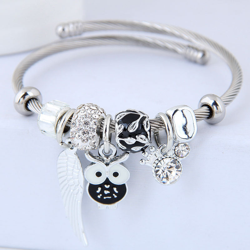 Bracelet en acier inoxydable avec pendentif ailes d'ange hibou perlé bricolage