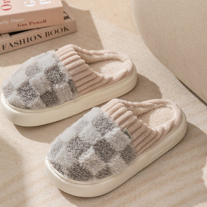 Plaid Plush Slippers Women's Indoor Plush Home Slippers Soft Sole Thick Non-Slip Warm House Shoes Couple Autumn And Winter