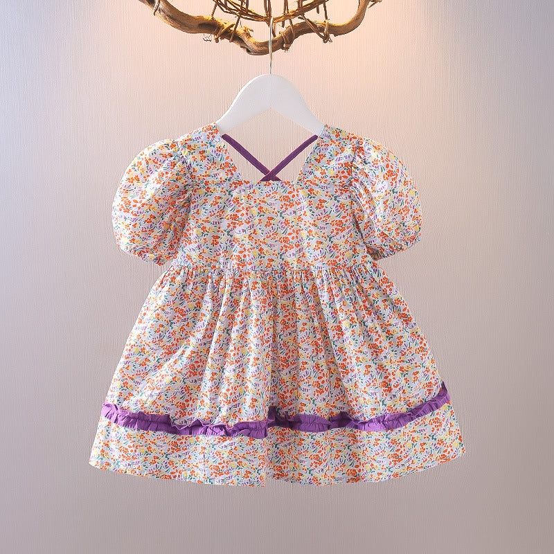 Robe de princesse d'été en coton à manches bulles pour filles, motif floral, pour petits enfants