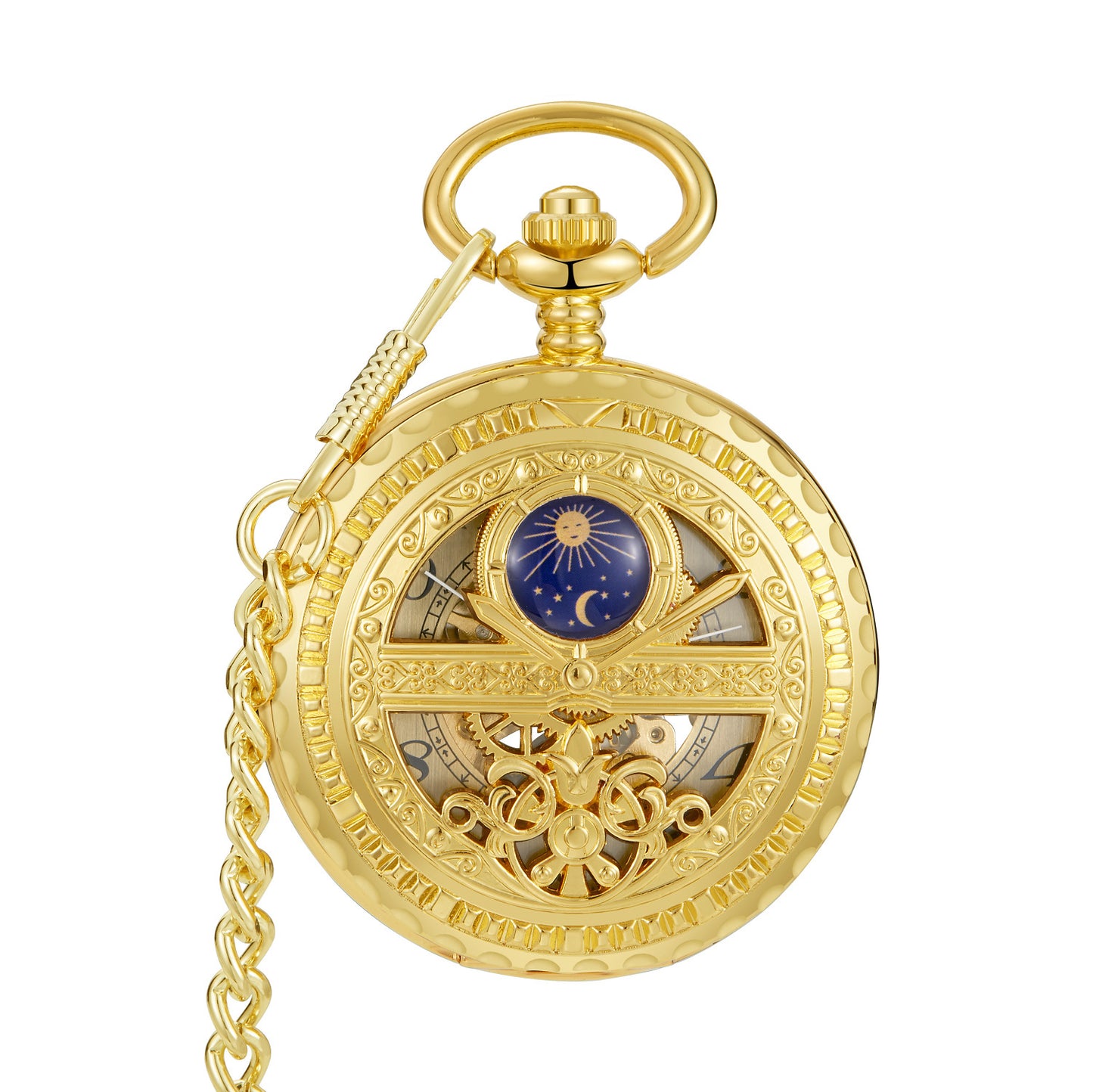 Golden Retro Hollow Pointer Night Sky Semi-automatic Mechanical Pocket Watch