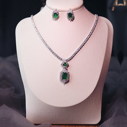 Dark Green Pendant Necklace Earring Set - Elegant Jewelry
