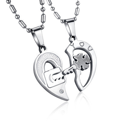 Titanium Steel Rhinestone Key Puzzles Couple Necklace Pendant