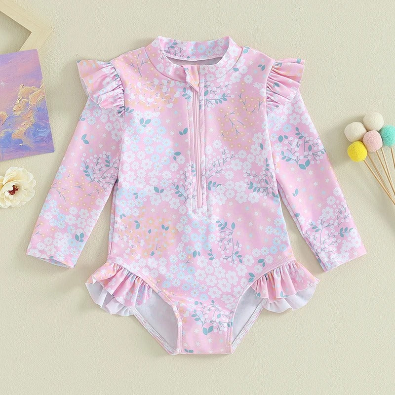 Maillot de bain pour bébé fille de 9 mois à 5 ans, imprimé Floral à volants, manches longues, fermeture éclair, vêtements de plage