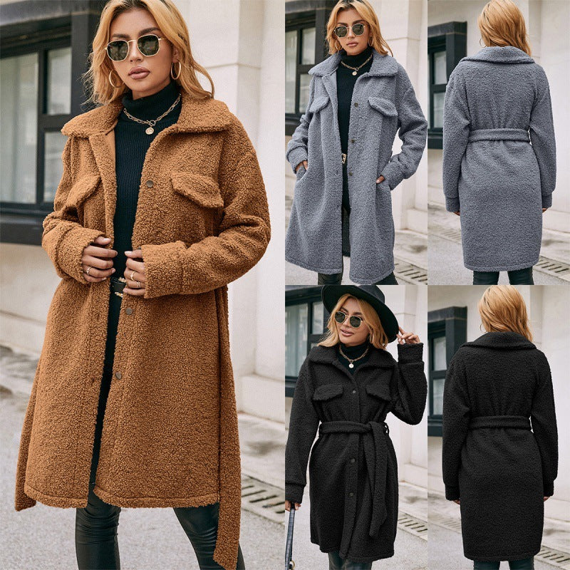 Mellanlång Lapel Belted Enkelknäppt Plush Trench Coat