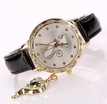 Mode mignon chat modèle montre bracelets horloge cadeau femmes fille montres de luxe diamant analogique en cuir Quartz montres