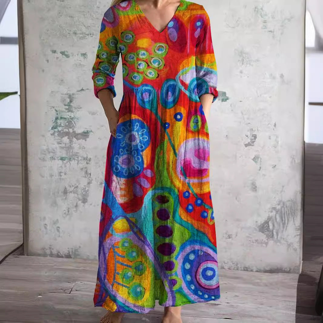 Casual Women's Fashion Floral Print Mid-length Dress