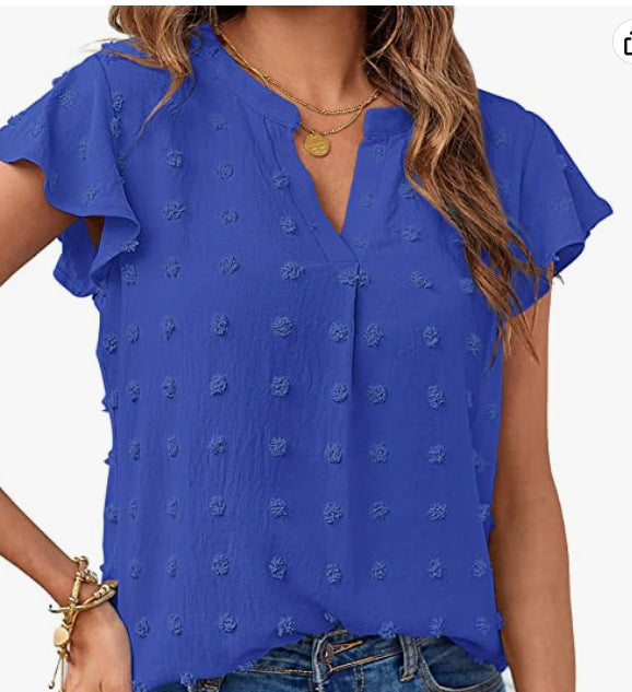 Women Summer V Neck Ruffle Short Sleeve Blouse Dot Flowy Shirt Top