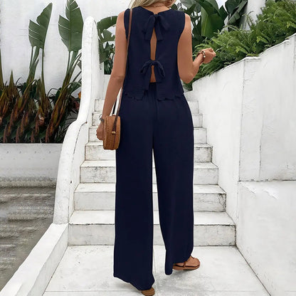 Women's Elegant 2-Piece Matching Set, Sleeveless Crop Top And Wide Leg Pants Outfits