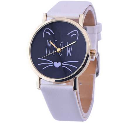 Klocka klockor kvinnor mode klocka Lyx Söt Kattmönster PU Läderband Analog Quartz Vogue Armbandsur