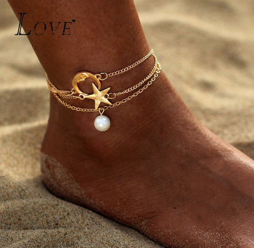 AY Bohemian Crystal Beads Anklet Set For Women Moon Pendant Bracelet on the Leg Ankle Strap Girl Summer Anklet Foot Jewelry