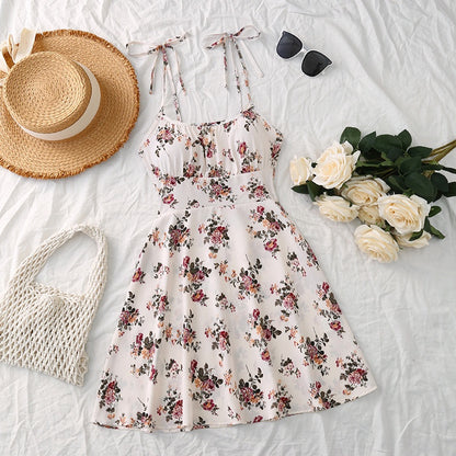 Floral Print Dress Summer Sweet A- Line Waist Trimming Dresses Women's Slimming Casual Clothing