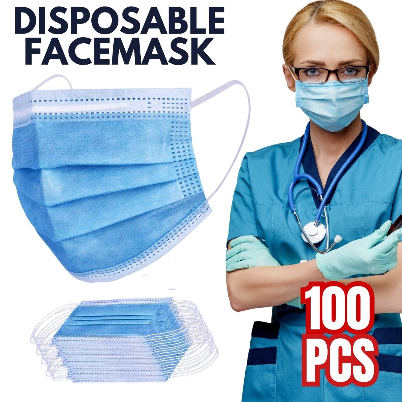 100 PCS Masque De Protection Jetable Couverture 3 Ply Masques Jetables - Bleu