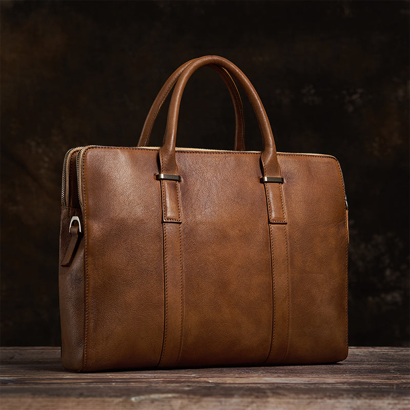 Vintage Vegetable Tanned Leather Men's First Layer Cowhide Casual Business Handbag