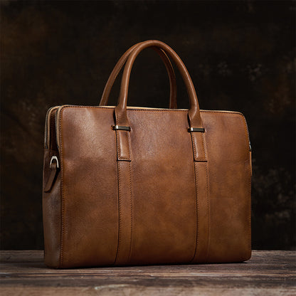 Vintage Vegetable Tanned Leather Men's First Layer Cowhide Casual Business Handbag