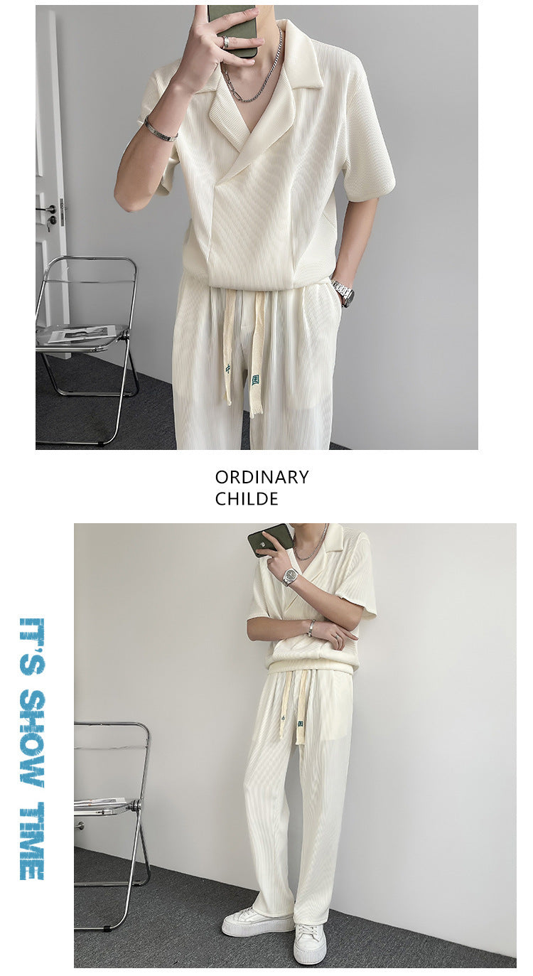 Summer Thin Ice Silk Shirt Outfit Men's Leisure Sports Two-piece Set