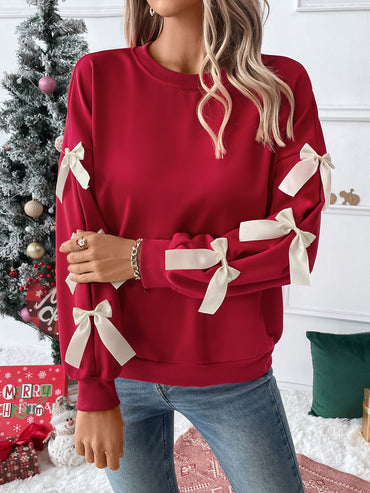 Hemp Bundle Pocket Round Neck Bow Red Christmas Sweater Girl