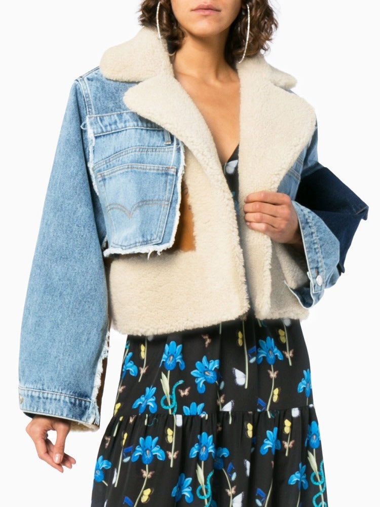 Plush denim stitching biker jacket