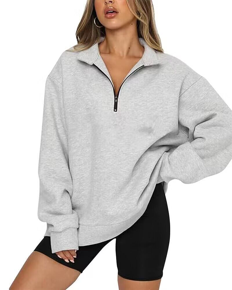 Dam sweatshirts Zip turndown krage Lösa Casual Tops Kläder