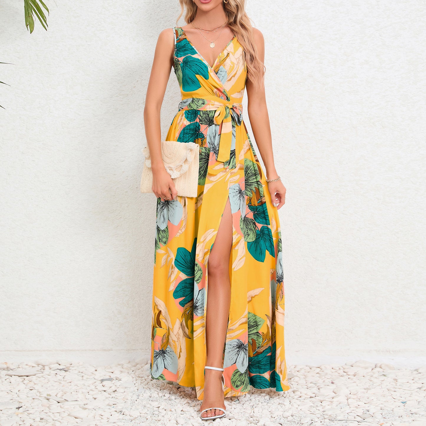 Robe longue à imprimé Floral, col en v, mode d'été, fente à la taille, sans manches, vêtements pour femmes