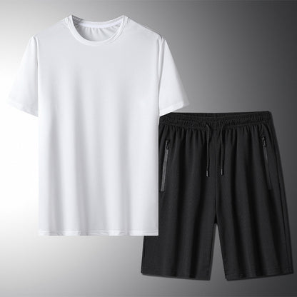 Outdoor Summer Short-sleeved Suit Male Ice Silk T-shirt Five-point Pants Sports Shorts Men's Breathable Short Set Two-piece Tide