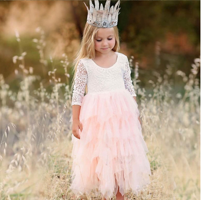 Jupe creuse en dentelle pour enfants, tenue de princesse blanche à manches longues pour filles, robe irrégulière, automne et hiver