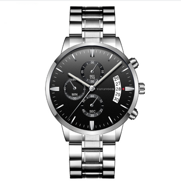 Men\'s Stainless Steel Watches with Business Leisure Calendar Quartz Watches Waterproof Black Refined Steel Watches