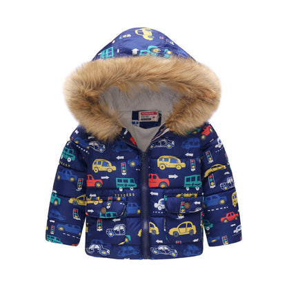 Boys and Girls Printed Hooded Children's Warm Cotton Jacket Thickened