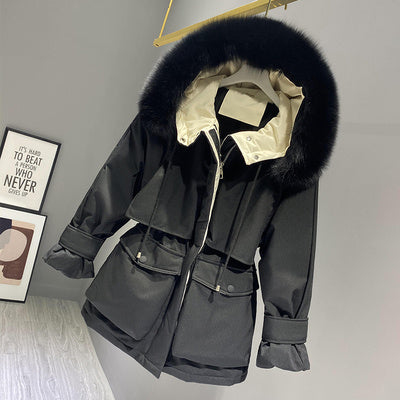 Fashion Hooded Faux Fur krage kvinnors kläder stora Pocket ner jacka Kvinnliga vinter rock Kvinna