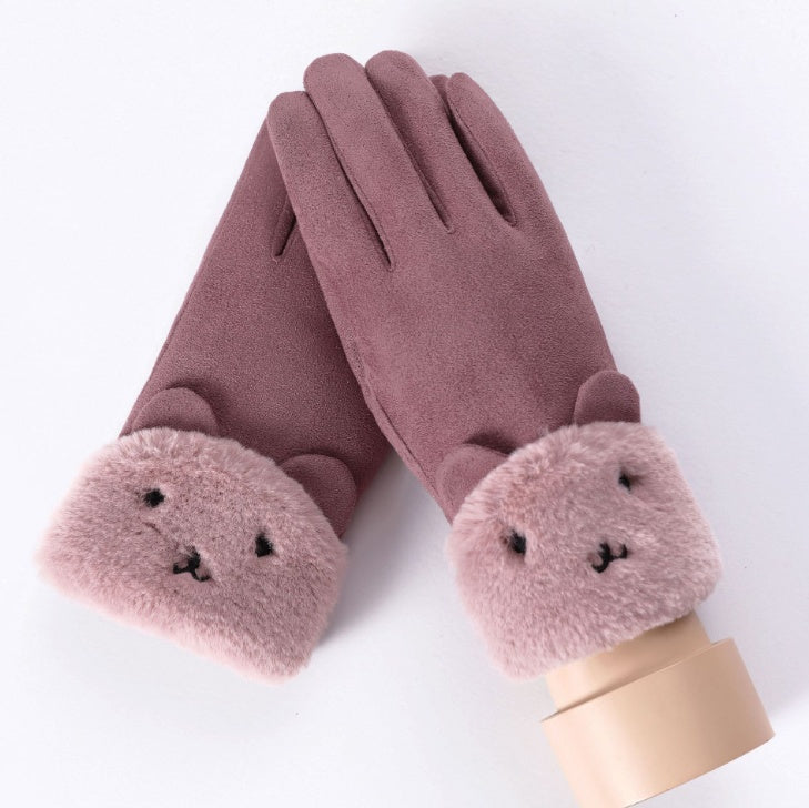 New Winter Female Lace Warm Cashmere Three Ribs Cute Bear Mittens Double thick Plush Wrist Women Touch Screen Driving Gloves 81C