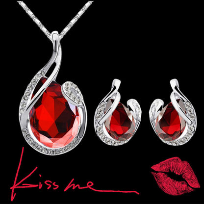 Valentine's Day Special: 3pcs Rhinestone Necklace Set With Earrings - Fashion Water-drop-shaped Jewelry For Women